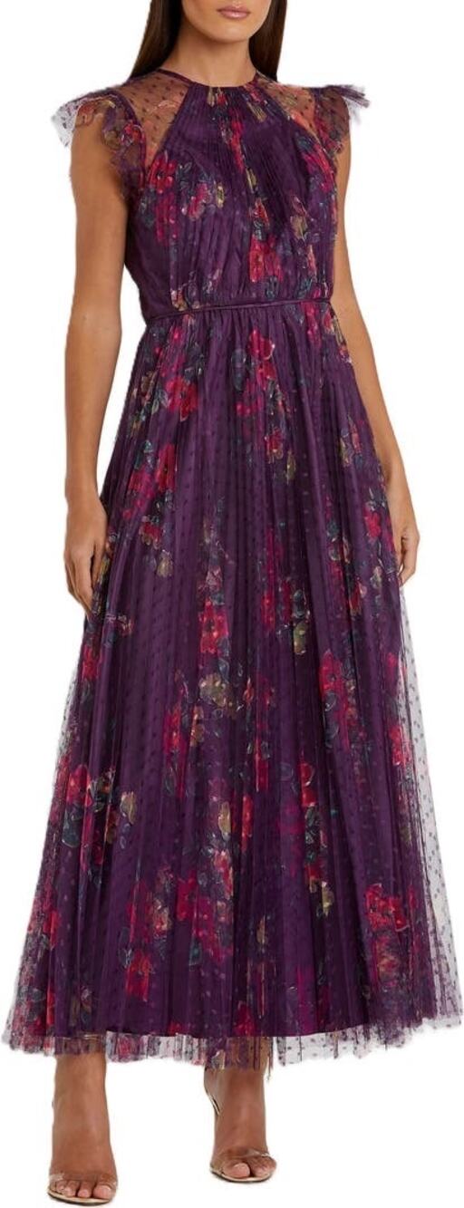 Mac Duggal Plum Purple Floral Flutter Sleeve Cocktail Maxi Dress Size Small